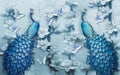 3d mural background blue peacock on branch wallpaper . with flowers Royalty Free Stock Photo