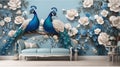 3d mural background blue peacock on branch wallpaper . with flowers for interior home wall Royalty Free Stock Photo