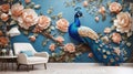 3d mural background blue peacock on branch wallpaper . with flowers for interior home wall Royalty Free Stock Photo