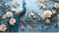 3d mural background blue peacock on branch wallpaper . with flowers for interior home wall Royalty Free Stock Photo