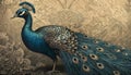 3d mural background blue peacock wallpaper in golden background Royalty Free Stock Photo