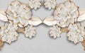 3d golden mural background with flowers , pearl , Jewelery , circles and butterfly . marble and capitone wallpaper Royalty Free Stock Photo