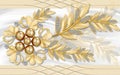 3d golden mural background with flowers , pearl , Jewelery , circles and butterfly . marble and capitone wallpaper Royalty Free Stock Photo