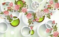 3d mural background with flowers , pearl , Jewelery , circles and butterfly . marble and capitone wallpaper