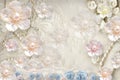 3d mural background with flowers , pearl , Jewelery , circles and butterfly . marble and capitone wallpaper Royalty Free Stock Photo