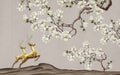 3d mural background lights simple wallpaper. Tree branches flowers floral background with flowers, golden deer and mountains for