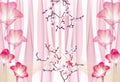 3d mural branches and flowers with golden butterfly . wallpaper rose background Royalty Free Stock Photo
