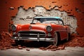 3D mural Broken wall, bricks, classic red car, world map Royalty Free Stock Photo