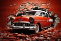 3D mural Broken wall, bricks, classic red car, world map Royalty Free Stock Photo