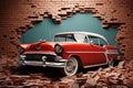 3D mural Broken wall, bricks, classic red car, world map