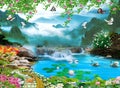 3d mural colorful landscape. flowers branches multi colors with trees and lake water. Waterfall and mountains view. suitable for p Royalty Free Stock Photo