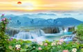 3d mural colorful landscape . flowers branches multi colors with trees and water . Waterfall and sunset view . suitable for print