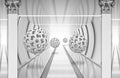 3d mural digital illustration silver tunnel with sphere and columns . modern rendering gray interior wallpaper Royalty Free Stock Photo