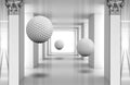 3d mural digital illustration silver tunnel with sphere and columns . modern rendering gray interior wallpaper Royalty Free Stock Photo