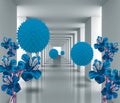 3d mural digital illustration silver tunnel with sphere and flowers . modern rendering gray interior wallpaper . Royalty Free Stock Photo