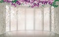 3d mural empty room in white color with winter  window. interior design. 3D illustration . flowers and tree branches Royalty Free Stock Photo