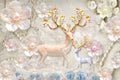 3d mural Flowers background with Deer and circle wallpaper for walls . with golden tree flowers and Jewelery  background . Royalty Free Stock Photo