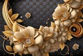 3d mural illustration background with golden jewelry and flowers, in black decorative wallpaper