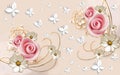 3d mural illustration background with golden pearl jewelry , butterfly and flowers , circles decorative art wallpaper