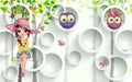 3d mural illustration background for kids room with cute girl