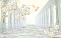 3d mural illustration background with pearl golden jewelry and flowers , circles decorative wallpaper . tunnel road with old colu Royalty Free Stock Photo