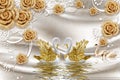 3d mural illustration Golden swan in water with decorative floral background Jewelery, 3d ball