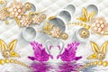 3d Mural Illustration Golden Swan On Water With Decorative Floral Background Jewelery, 3d Ball