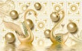 3d mural illustration Golden swan on water with decorative floral background Jewelery, 3d ball