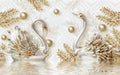 3d mural illustration Golden swan on water with decorative floral background Jewelery, 3d ball Royalty Free Stock Photo