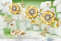 3d mural illustration Golden swan on water with decorative floral background Jewelery, 3d ball