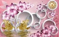 3d mural illustration Golden swan on water with decorative floral background Jewelery, 3d ball