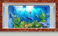 3d mural illustration wallpaper under sea dolphin, Fish, Tortoise, Coral reef sand water with broken wall bricks and columns backg