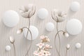 3d mural Illustration of White flower decorative on gray waves wall background 3D wallpaper. 3d white ball le
