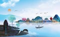 3d mural Landscape trees with hills, sun, lake and fisherman in traditional style on vintage watercolor flat background