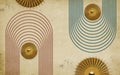 3d mural modern wallpaper. golden silhouettes circles with curvy lines in light beige background