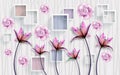 3d Mural modern wallpaper . purple rose flowers with Squares and gray decorative background . modern art for wall