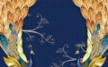 3d mural paint illustration dark blue background with flowers , decorative and golden Jewelry wallpaper . colored peacock Royalty Free Stock Photo