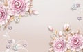 3d mural rose flowers wallpaper with pearl and butterfly . light simple background
