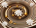 3d mural for wall . Illustration swirl with golden sphere and white flowers . Royalty Free Stock Photo