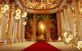 3d mural wallaper . interior palace columns with golden flowers and red carpet with texture golden abstract .