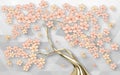 3d mural wallpaper abstract  gray background  tree with golden stem and flowers  . will visually expand the space in a small room, Royalty Free Stock Photo