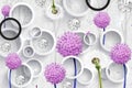 3d mural wallpaper abstract with gray and black circles and purple pink flowers . silhouettes of dandelions pattern on decorative