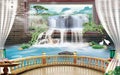 3d mural wallpaper Beautiful view of landscape background from the old arches, tree, sun, water , birds flowers and transparent cu Royalty Free Stock Photo
