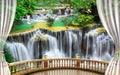 3d mural wallpaper Beautiful view of landscape background from the old arches, tree, sun, water , birds flowers, waterfall and tra