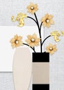 3d mural wallpaper black white vase with flowers in white background .