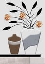 3d mural wallpaper black white vase with flowers in white background .