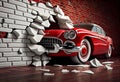 3d mural wallpaper broken wall bricks and a classic red car. Painted design for children and kid\'s bedroom wallpaper.