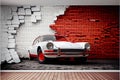 3d mural wallpaper broken wall bricks and a classic red car. Painted design for children and kid\'s bedroom wallpaper.