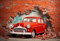 Travel through history with this 3D world map wallpaper featuring a classic red car and broken brick wall, generative Ai