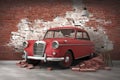 3d mural wallpaper broken wall bricks and a classic red car. world map in a colored background. for Childrens and kids bed room Royalty Free Stock Photo